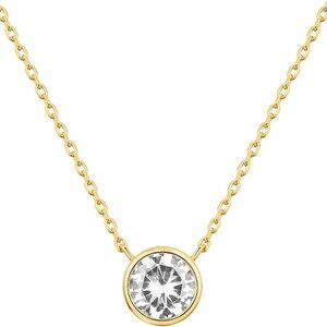 Yellow Gold 14K Plated CZ Solitaire Bezel Pendant Necklace for Women